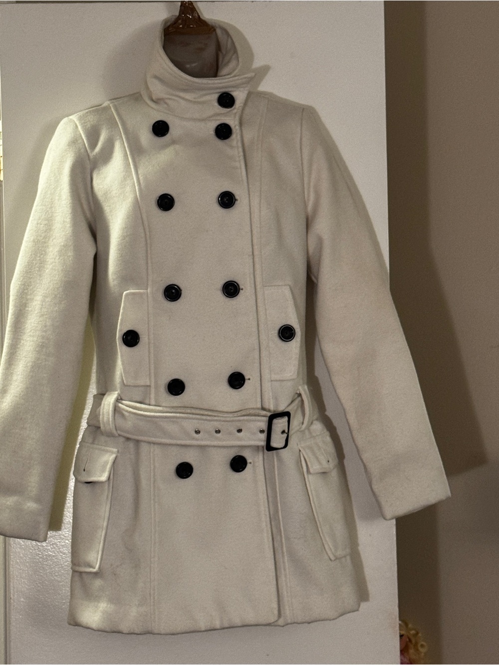 Women’s Double-Breasted Cream Peacoat with Belt runs size XS-S